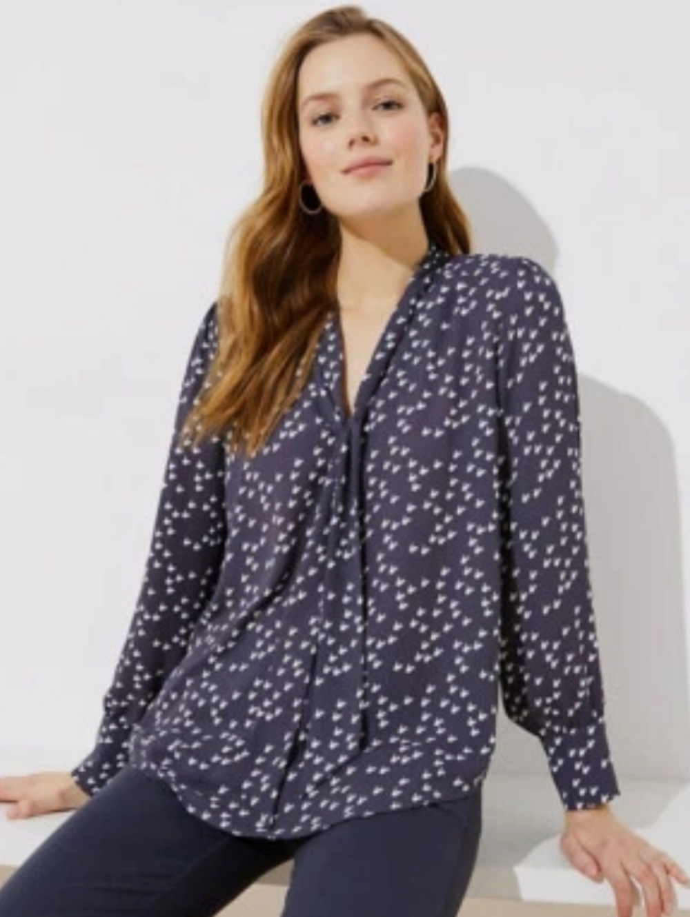 LOFT Tie-Neck Chicken Print Long Sleeve Blouse - XXS